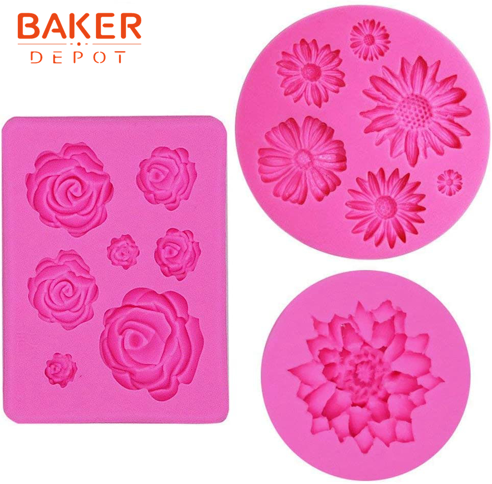 Candy Making Decorations Flower Cake Fondant Mold Pastry Tools Rose Lotus  Daisy Baking Silicone Small DIY Clay Molds Set of 2