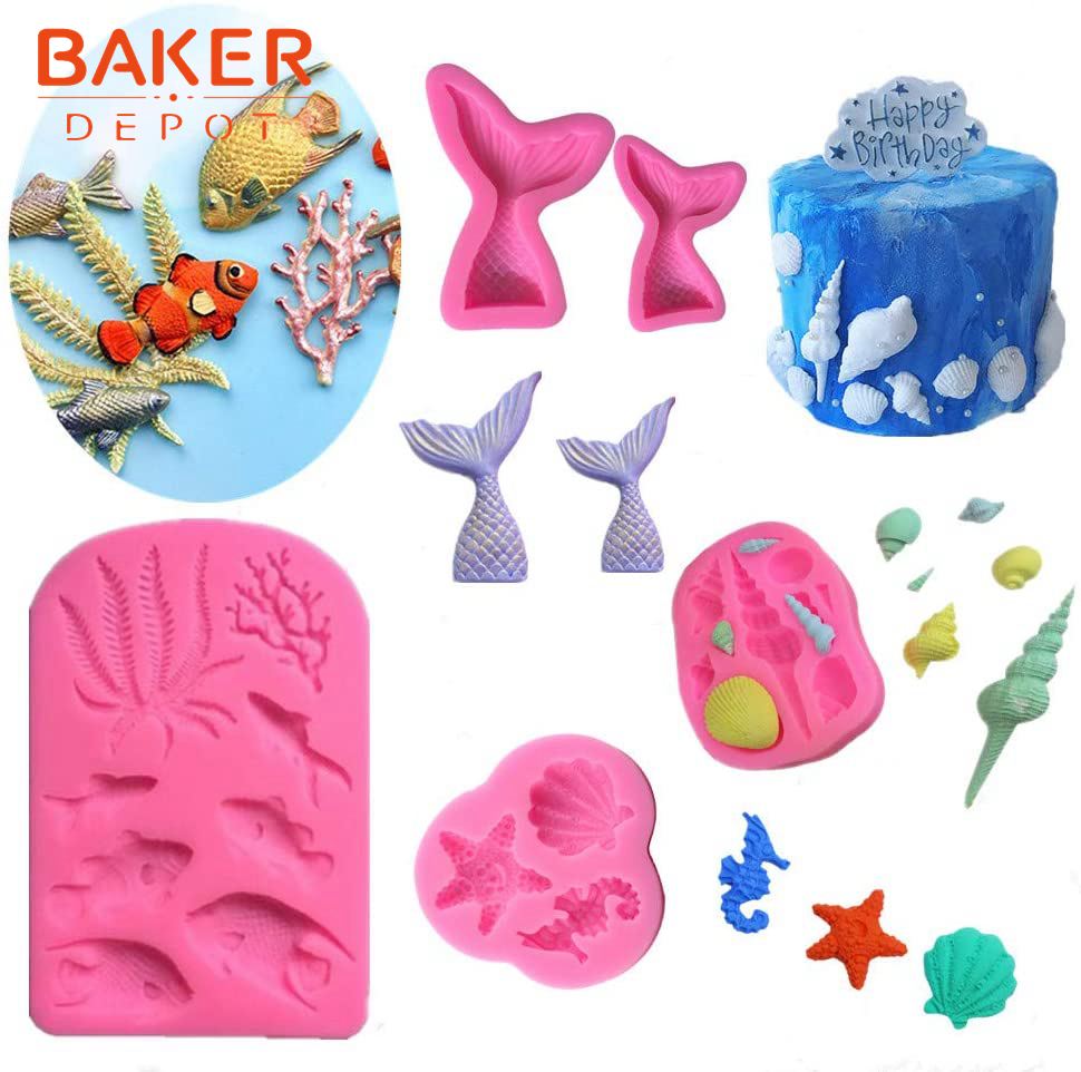 Elfkitwang Marine Theme Fondant Silicone Mold,Seashell,Conch, Mermaid  Tail,Seahorse,Starfish,Coral, DIY Handmade Baking Tools for Mermaid Theme  Cake