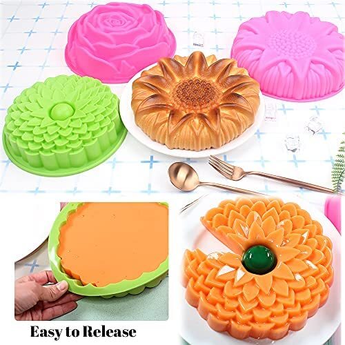 BAKER DEPOT 3 Pack Silicone Flower Shaped Cake Mould 9 Inch Large Round  Sunflower Rose Bread Jello Non-Stick Baking Trays for Birthday Party