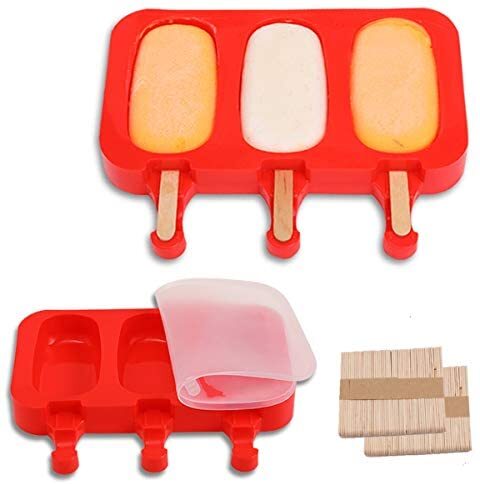 Flat Silicone Popsicle Molds for Kids BPA-Free, DIY Ice Pop Molds with Lids  Packs of 2, 3 Cavities Ice Cream Popsicle Maker Easy Release, with 100  Popsicle Sticks (RED)