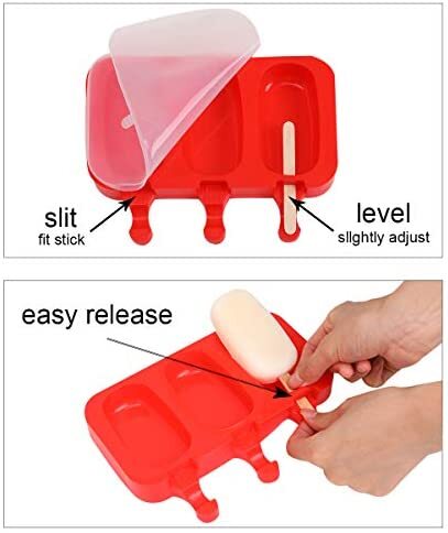 Flat Silicone Popsicle Molds for Kids BPA-Free, DIY Ice Pop Molds with Lids  Packs of 2, 3 Cavities Ice Cream Popsicle Maker Easy Release, with 100  Popsicle Sticks (RED)