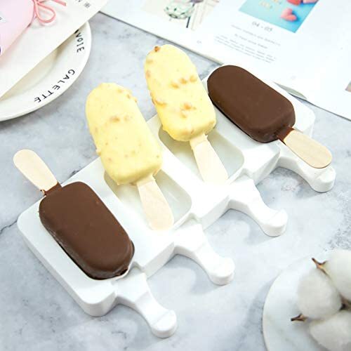 4 Cavities Homemade Oval Ice Cake Mold With 50 Wooden Sticks,Alphabet And Number Chocolate Molds For Decoration To DIY,Food-Grade,S Ice Cream Popsicle Molds Silicone—— Set Of 2 Packs 