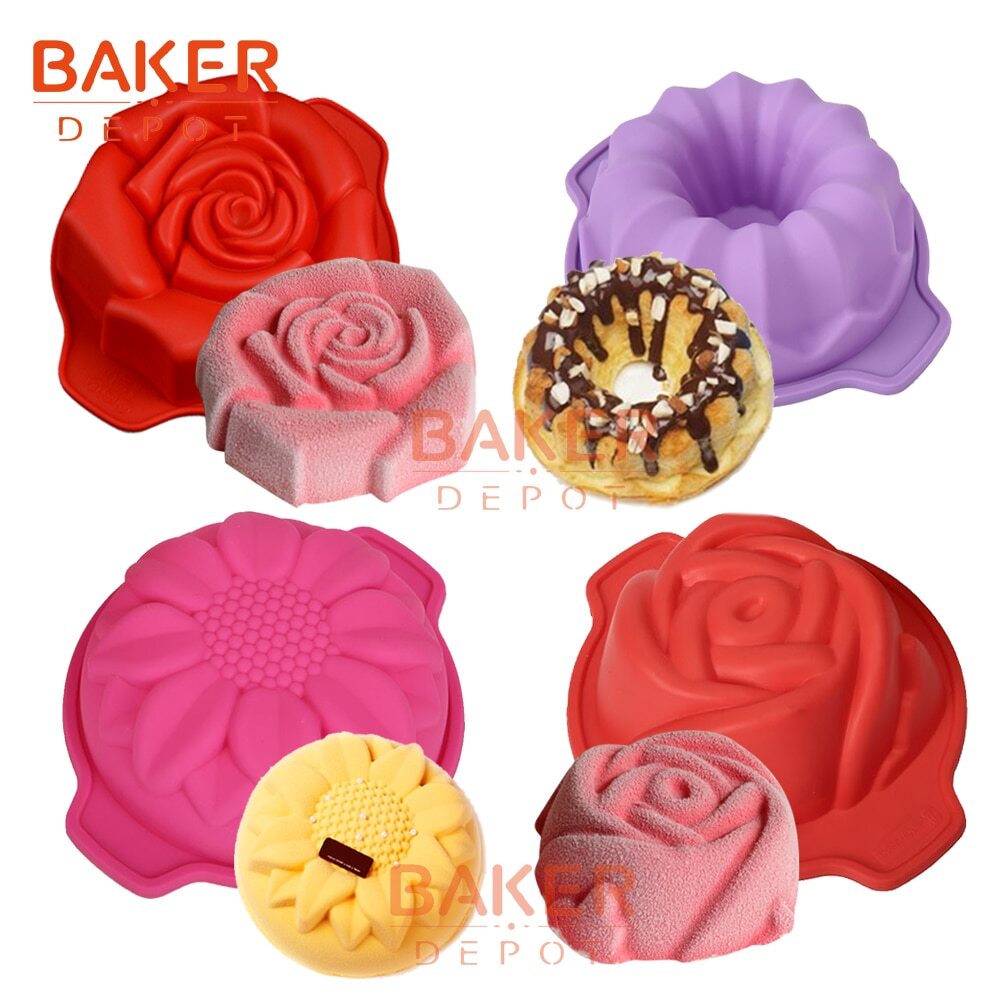 BAKER DEPOT Silicone Bakeware Mold For cake chocolate Jelly Pudding Dessert  Molds 12 Holes With Flower Heart Shape Set of 3