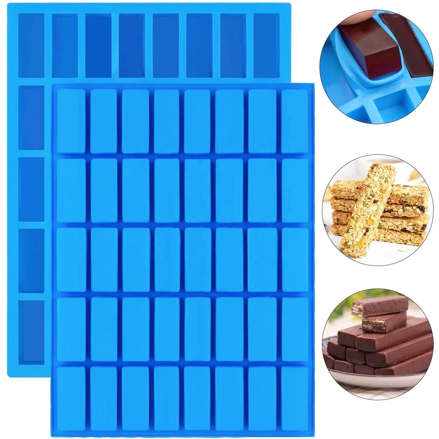 Funshowcase Rectangle Oblong Chocolate Cracker Bar Stick Block Ice Cube Jelly Tray Cylinder Silicone Candy Mold 2-Bundle Random Color 