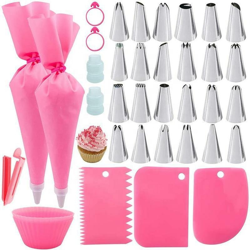 Silicone Icing Piping Bag,Reusable Cream Pastry Bag and 14× Stainless Steel  Nozzle Set DIY Cake Decorating Tool(14×Nozzle, 2×Icing Cream Pastry Bag