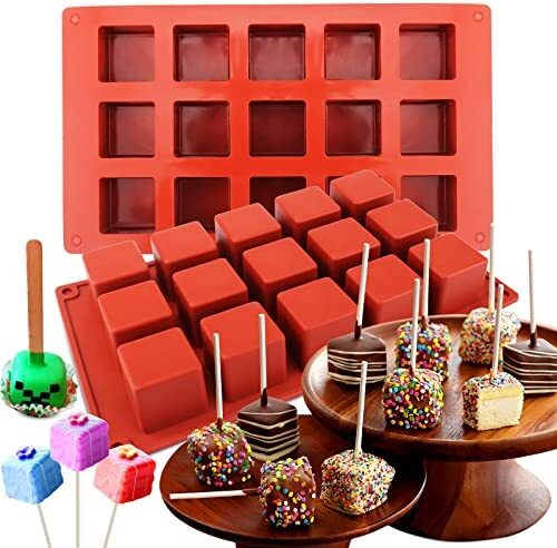 Square Cake Pop Mold Silicone, 2pcs 15 Cavity Cake Pops Molds for Chocolate,  DIY 1.2x 1.2x 1.2 Cake Pops, Cake Bites, Truffles, Jello, Brownie, large  Candy Cubes