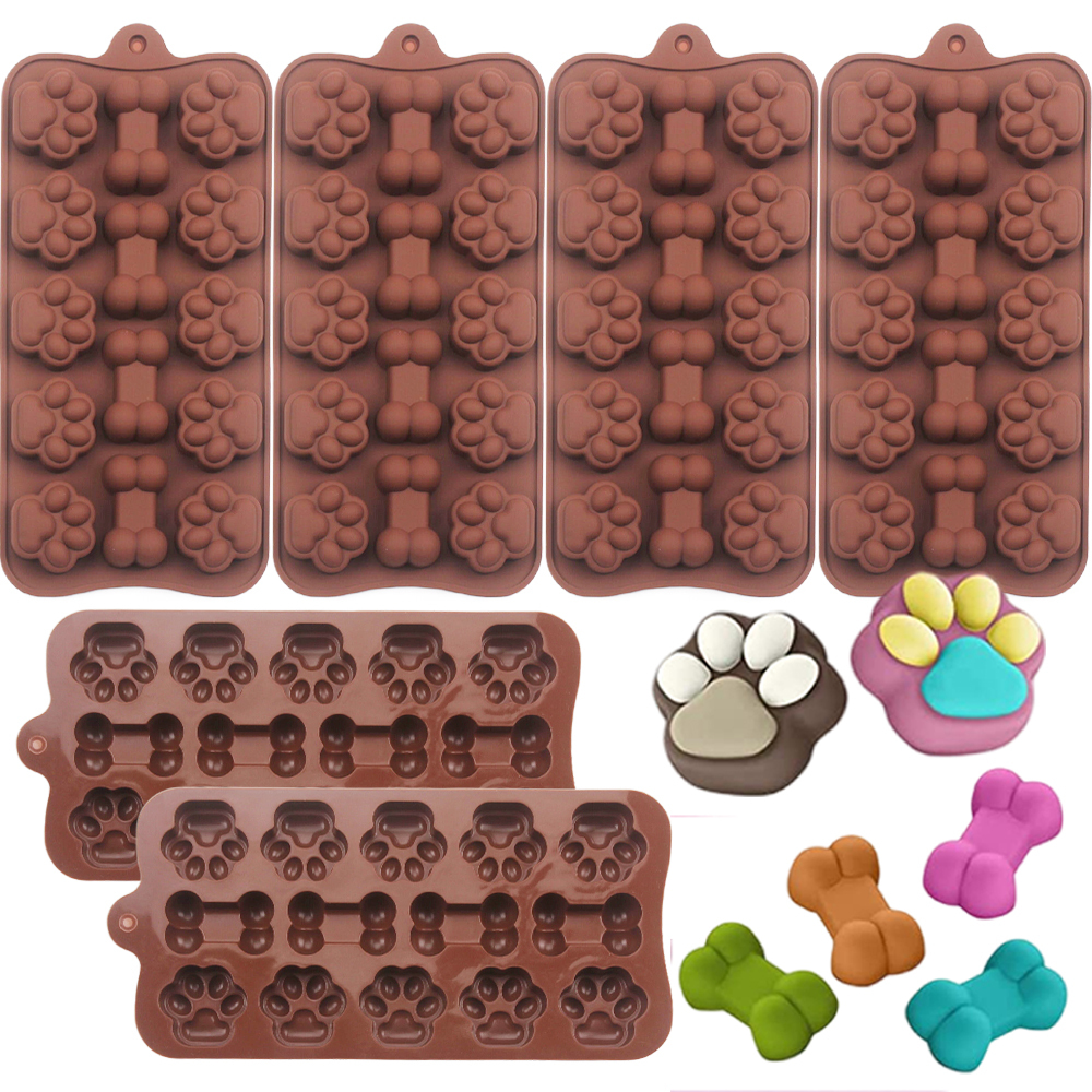 14 Cavities Puppy Dog Paw and Bone Silicone Mould for Chocolate Candy  Cookie Ice Cube Non Stick Dog Treats Molds,Set of 6