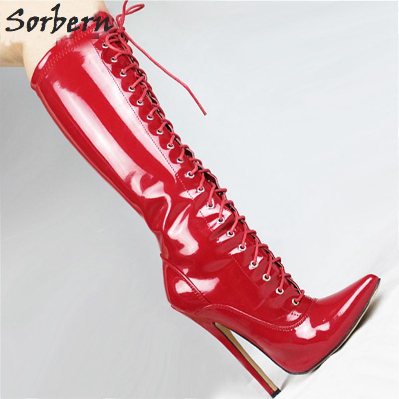 Sorbern Patent Leather Boots Red Bottom Knee High Heels Lace Up Boots For  Women