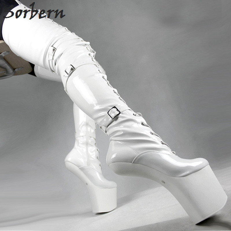 White thigh high boots no heel sale