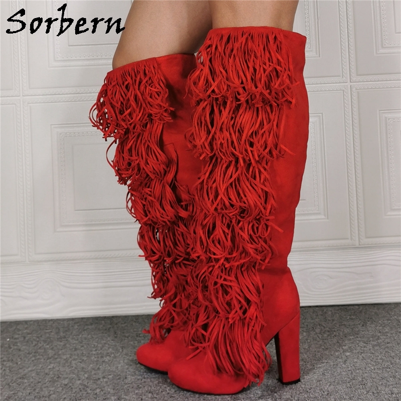 Red thigh high boots block heel deals