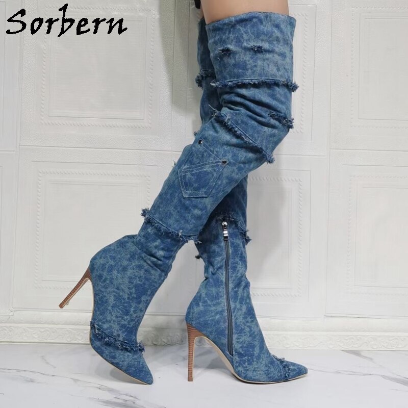 Denim thigh high hot sale boots wide calf