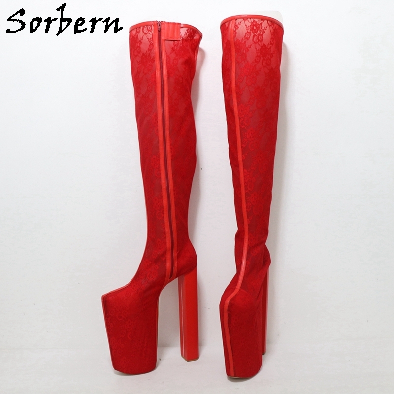 Sorbern Lace Boots Drag Queen 30cm Extrem High Heels Thick Platform Women Boots Thigh High Designer Shoes