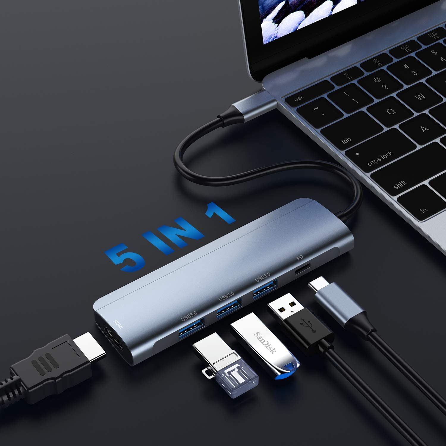 USB C Hub Type C Hub Adapter, Ablewe 5 in 1 Aluminum USB C to HDMI 4K