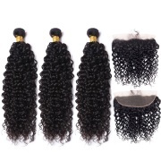 Jerry Curly Natural Color Brazilian Remy Hair Weave Bundles With Frontal LFBF-07