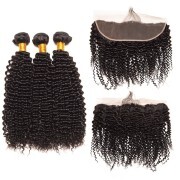 Kinky Curly Natural Color Brazilian Remy Hair Weave Bundles With Frontal LFBF-08