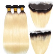 Straight T1B 613 Blonde Hair Weave Bundles With Frontal Remy Human Hair LFBF-14