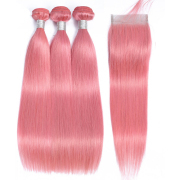 Straight Pink Hair Weave Bundles With Closure Remy Human Hair LFBC-35