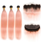 Straight T1B/Light Pink Hair Weave Bundles With Frontal Remy Human Hair LFBF-22