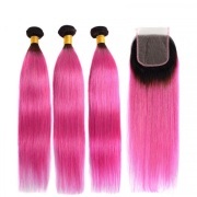 Straight T1B/Rose Pink Hair Weave Bundles With Closure Remy Human Hair LFBC-80