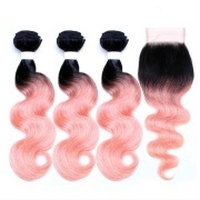 Body Wave T1B/Pink Hair Weave Bundles With Closure Remy Human Hair LFBC-84
