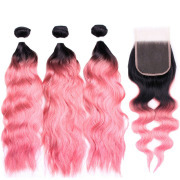 Natural Wave T1B/Pink Hair Weave Bundles With Closure Remy Human Hair LFBC-86