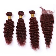 Deep Wave #99J Dark Wine Hair Weave Bundles With Closure Remy Human Hair LFBC-126
