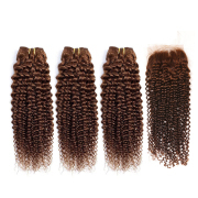 Kinky Curly #4 Medium Brown Hair Weave Bundles With Closure Remy Human Hair LFBC-128
