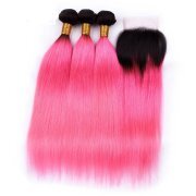 Straight T1B/Pink Hair Weave Bundles With Closure Remy Human Hair LFBC-136