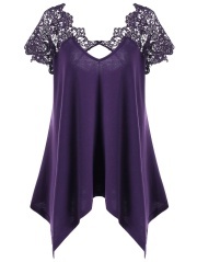 Plus Size Asymmetric Lace Panel T-Shirt - Deep Purple - 5xl