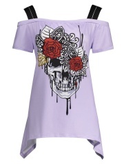 Plus Size Skull Print Cold Shoulder Top - Light Purple - 5xl