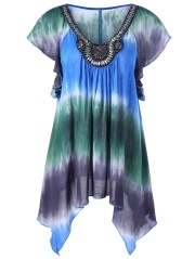 Embellished Asymmetrical Tie Dye Plus Size Blouse - 5xl