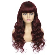 Body Wave #99J Solid Colored Wigs With Bangs Remy Human Hair Lace Wig AHLW-38