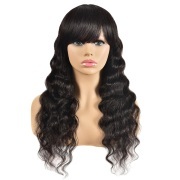 Deep Wave Natural Black Wigs Remy Human Hair Lace Wig With Bangs AHLW-06