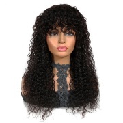 Kinky Curly Natural Black Wigs Remy Human Hair Lace Wig With Bangs AHLW-14