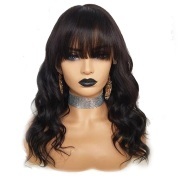 Loose Wave Natural Black Wigs Remy Human Hair Lace Wig With Bangs AHLW-08