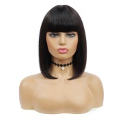 Straight Natural Black Short BOB Wigs With Bangs Remy Human Hair Lace Wig AHBW-02