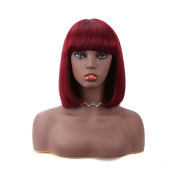 Straight Burgundy Solid Colored Short BOB Wigs With Bangs Remy Human Hair Lace Wig AHBW-19