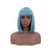 Straight Light Blue Solid Colored Short BOB Wigs With Bangs Remy Human Hair Lace Wig AHBW-21