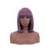 Straight Smoke Purple Solid Colored Short BOB Wigs With Bangs Remy Human Hair Lace Wig AHBW-24