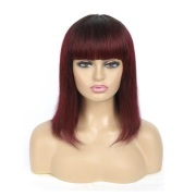 Straight T1B 99J Ombre Colored Short BOB Wigs With Bangs Remy Human Hair Lace Wig AHBW-63