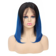 Straight T1B Blue Ombre Colored Short BOB Wigs Remy Human Hair Lace Wig AHBW-65
