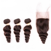 #2 Dark Brown Loose Wave Remy Human Hair Bundles With Closure 4x4 AHBC-07