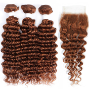 #30 Medium Auburn Deep Wave Remy Human Hair Bundles With Closure 4x4 AHBC-26