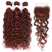 #33 Dark Auburn Water Wave Remy Human Hair Bundles With Closure 4x4 AHBC-31