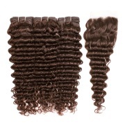 #4 Medium Brown Deep Wave Remy Human Hair Bundles With Closure 4x4 AHBC-06