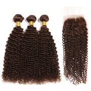 #4 Medium Brown Kinky Curly Remy Human Hair Bundles With Closure 4x4 AHBC-12