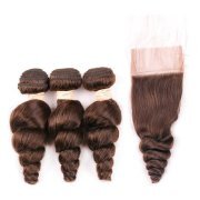 #4 Medium Brown Loose Wave Remy Human Hair Bundles With Closure 4x4 AHBC-08
