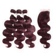 #99J Dark Wine Body Wave Remy Human Hair Bundles With Closure 4x4 AHBC-24