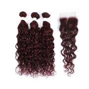 #99J Dark Wine Water Wave Remy Human Hair Bundles With Closure 4x4 AHBC-32