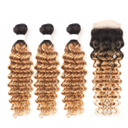 T1B/27 Deep Wave Remy Human Hair Bundles With Closure 4x4 AHBC-48